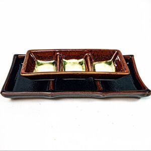 Two Ceramic 3-Saucer Soy, Ginger, Wasabi Serving Dishes